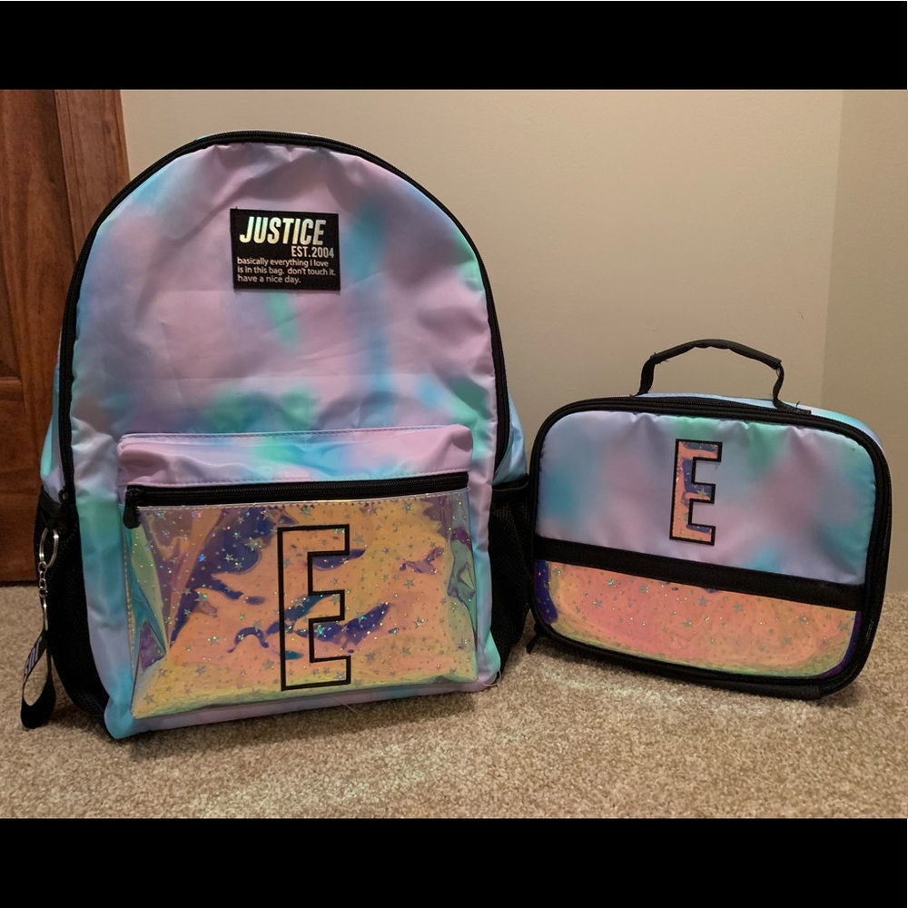 Justice “E” backpack and lunchbox